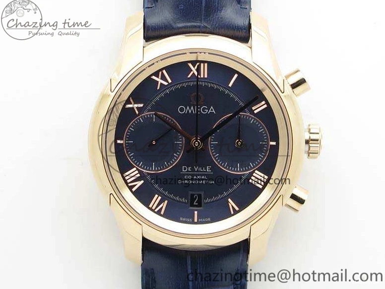 0128 QuickDry De Ville Chronograph RG OMF 1:1 Best Edition Blue Dial On Blue Leather Strap A 8107